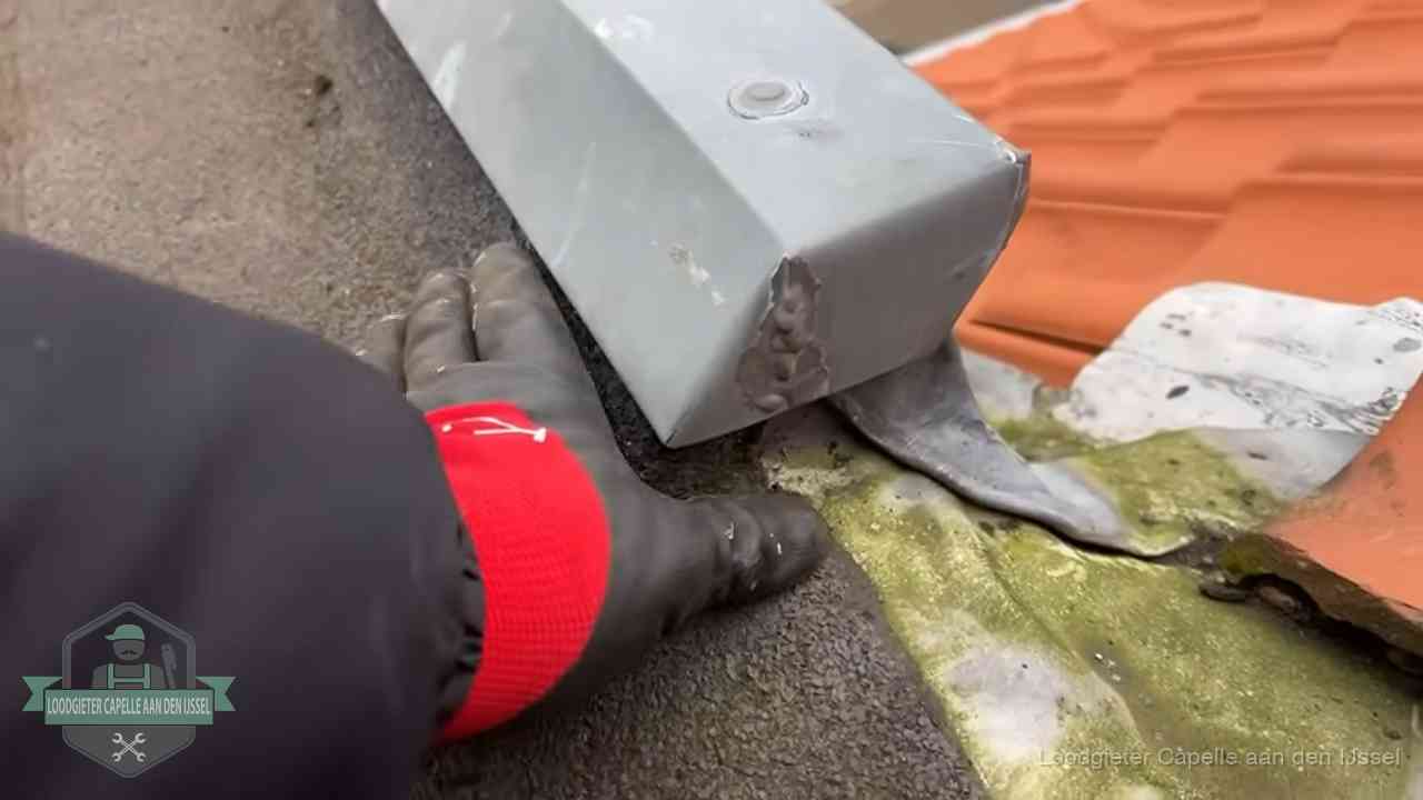 Controle van een zinken hemelwaterafvoer met loodslab bij dakpannen in Capelle aan den IJssel