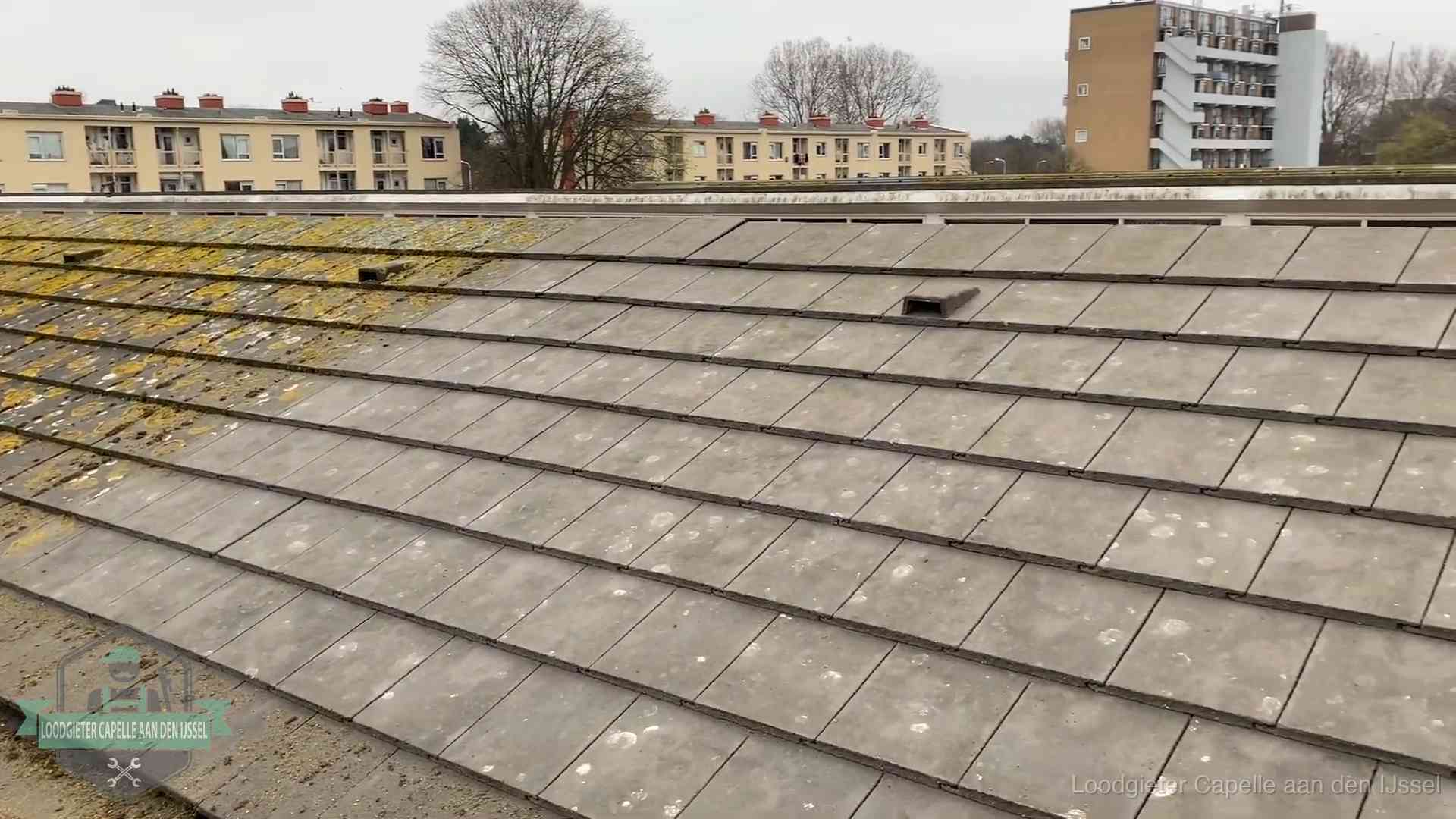 Schuin dak met betonpannen vol mos in Capelle aan den IJssel, een risico op lekkage bij de pannen